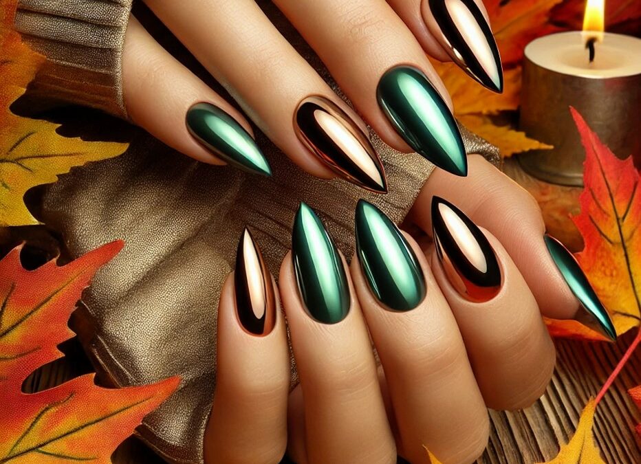 Szukasz inspiracji na jesienne paznokcie? „Autumn green chrome nails” to idealna propozycja dla Ciebie!